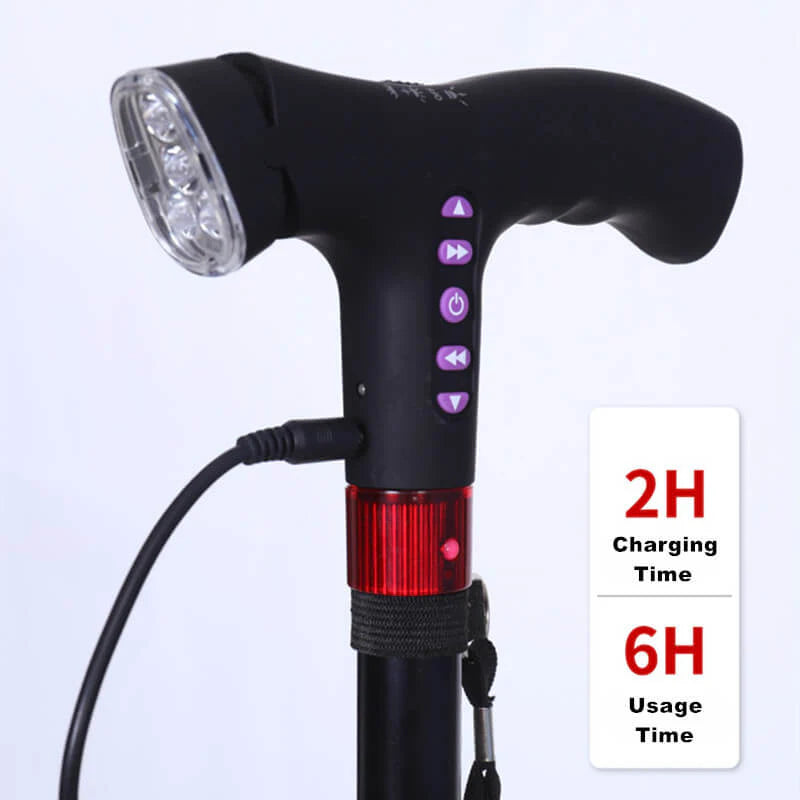 Smart walking cane with alarm LED light