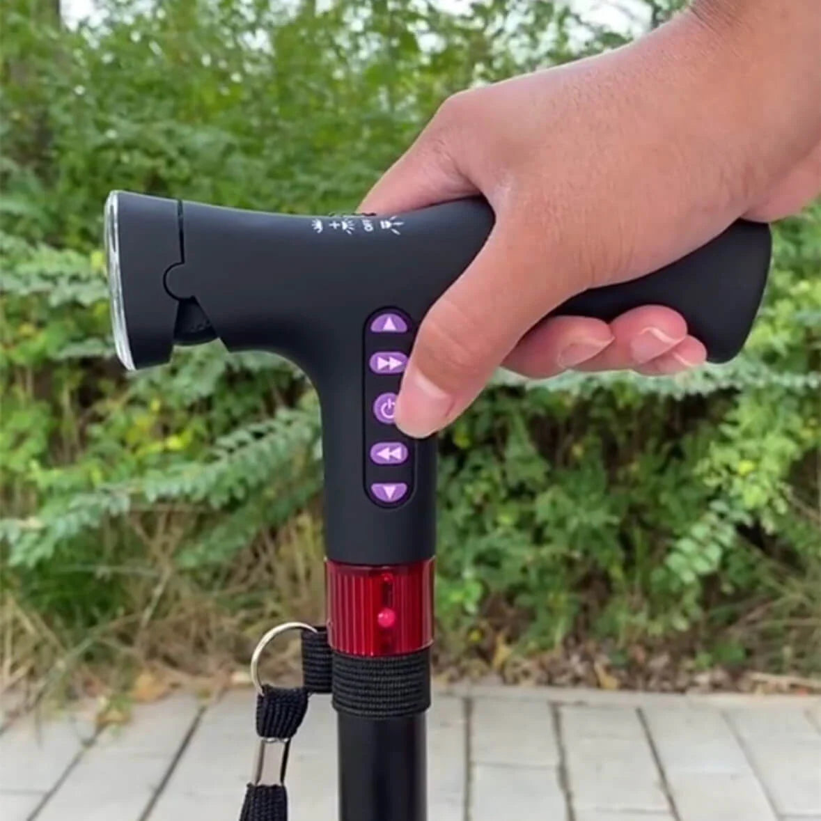 Smart walking cane with alarm LED light