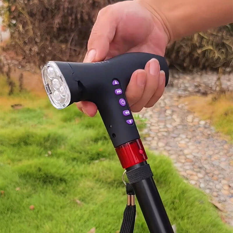 Smart walking cane with alarm LED light