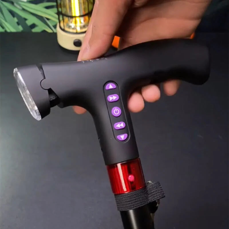 Smart walking cane with alarm LED light