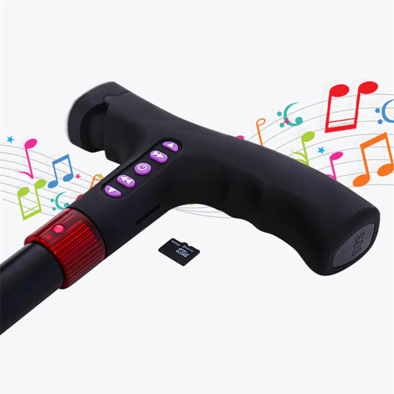 Smart walking cane with alarm LED light