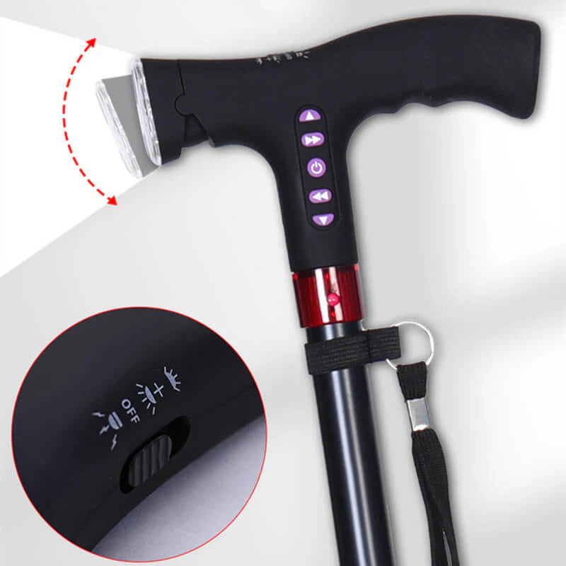 Smart walking cane with alarm LED light